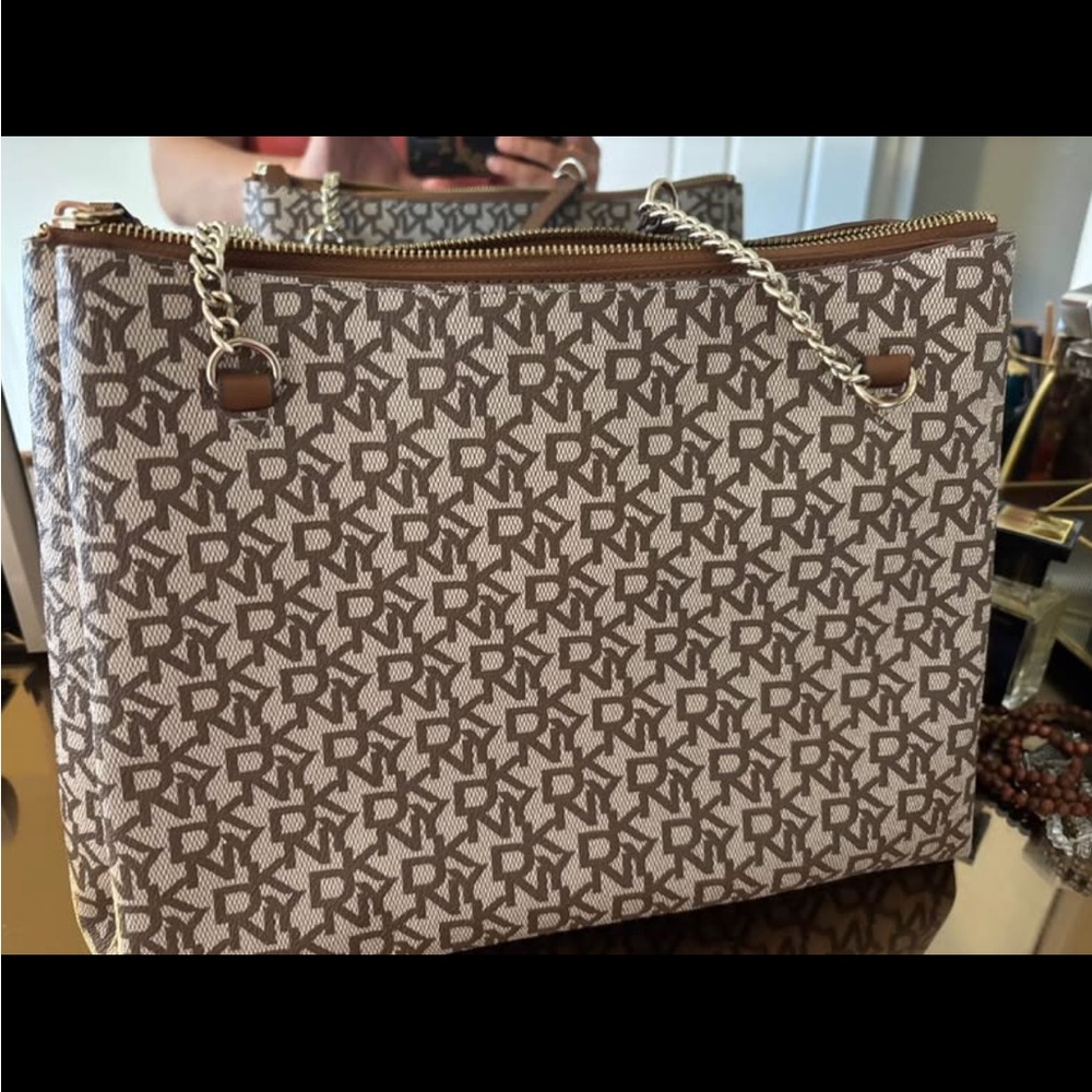 DKNY Tan and Brown Logo Tote